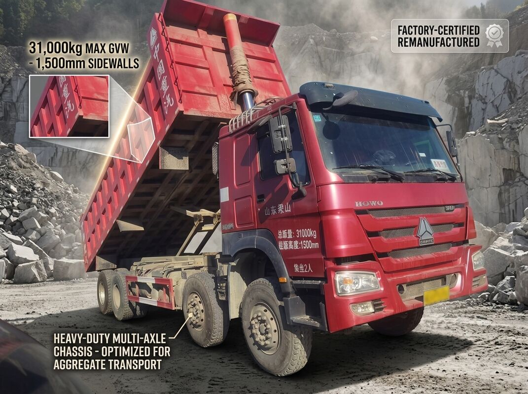 Heavy Duty HOWO 380 Used Dump Truck 75 Ton Payload 8x4 Wheel Configuration 8845mm Long Steel Dump Body
