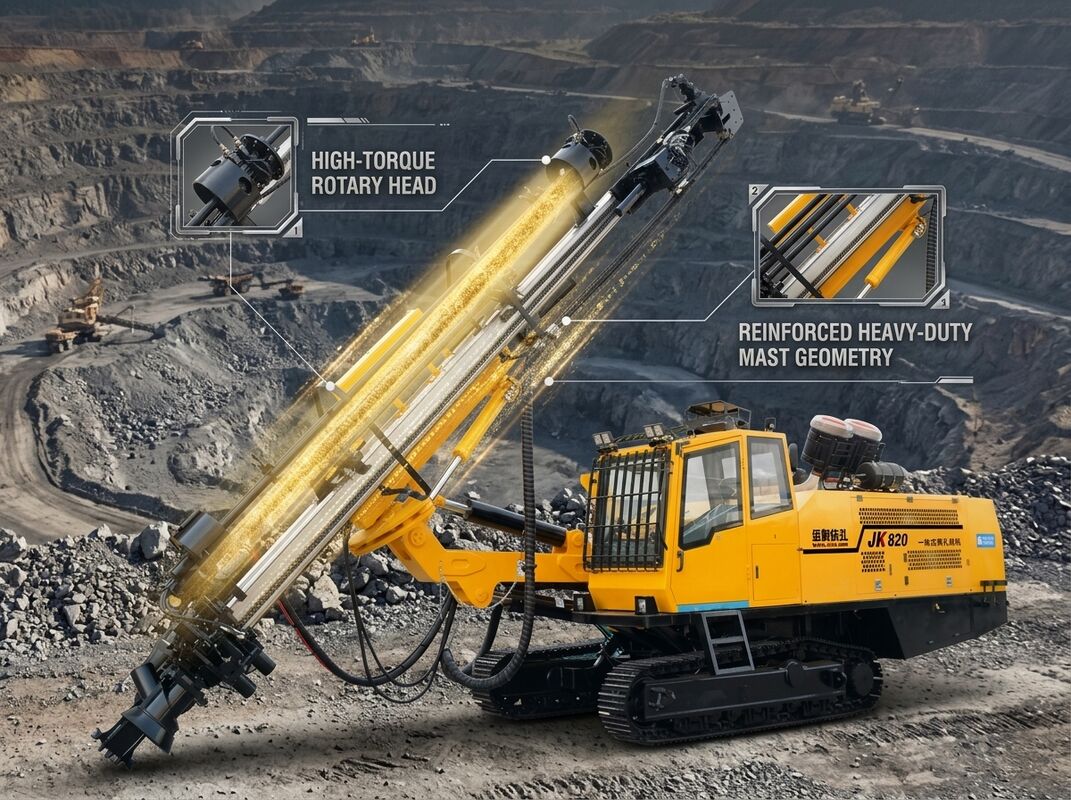 JK820-2 Integrated DTH Drilling Rig 140-190mm Hole 35m Depth Automatic Pipe Changer 6+1 Rod Capacity