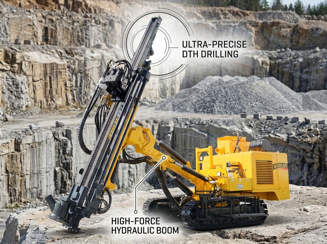 JK595-5A Crawler DTH Drilling Rig 5x3m Rod Carousel 90-165mm Blasthole 3300Nm Torque Weichai 73.5kW Power